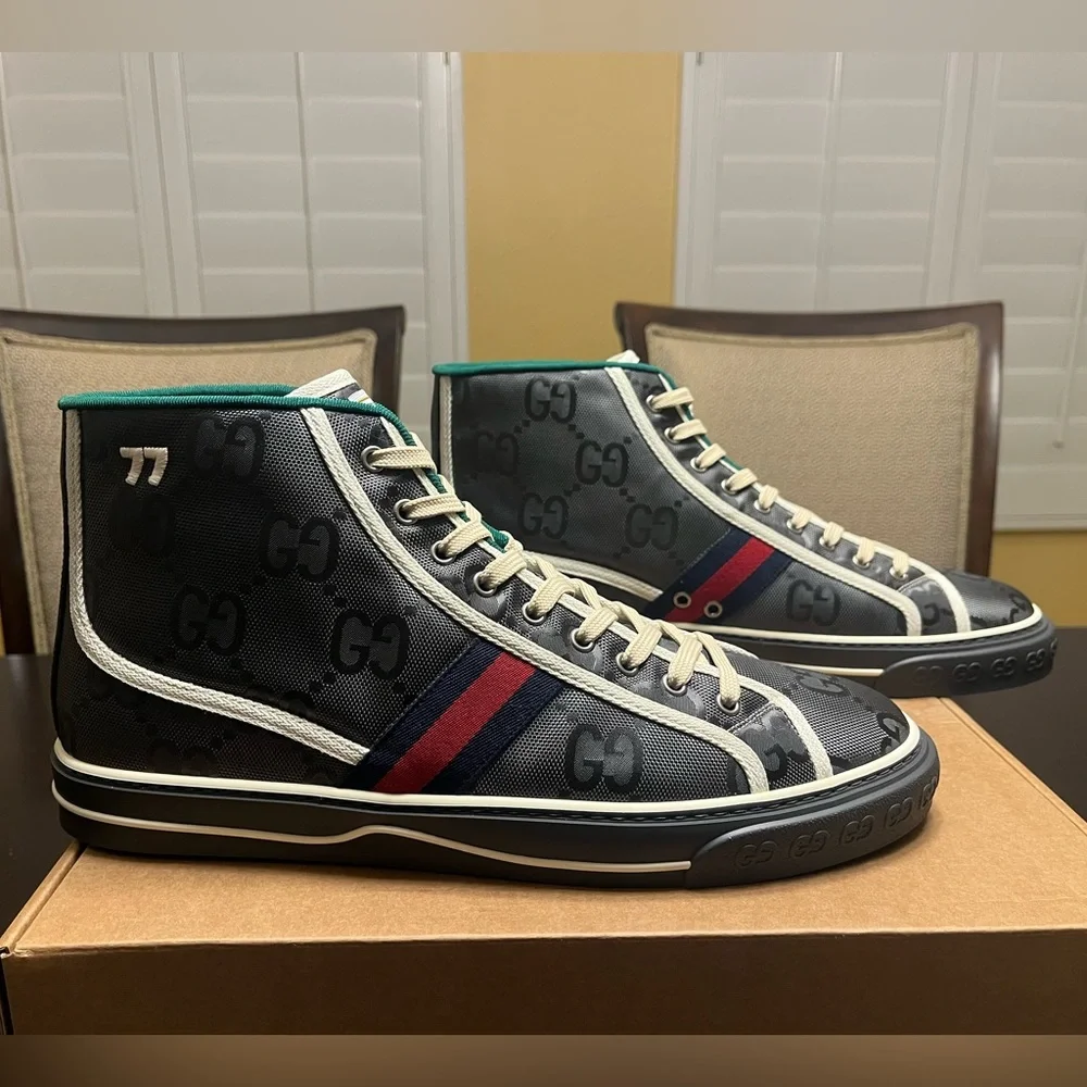 New Gucci Tennis 1977 GG Supreme Logo Gray High Sneaker Shoes UK 13 / US 13.5 - Picture 8 of 16